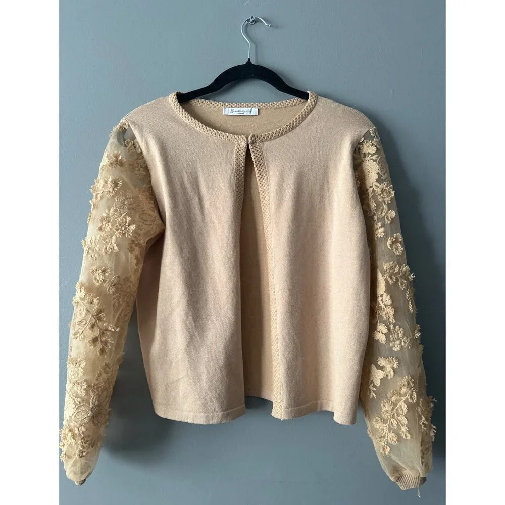 Women’s Small Tan Sheer Embroidered Floral Bell Sleeve Cardigan Boho Y2K Top